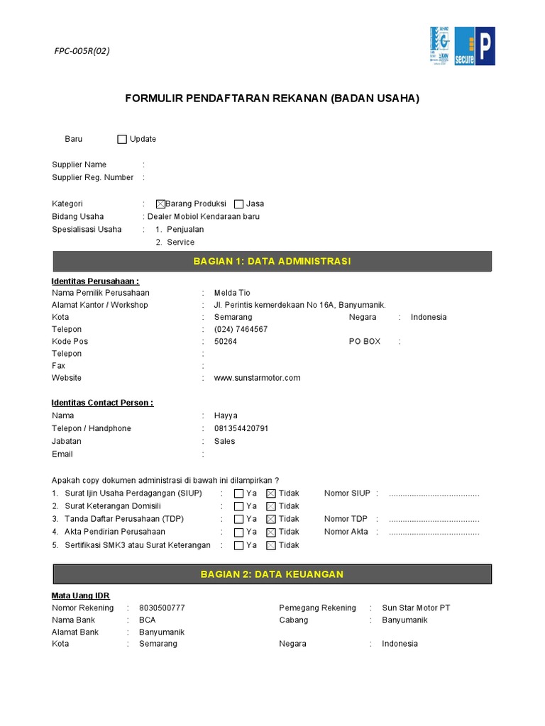Formulir Pendaftaran Rekanan (Badan Usaha) SECURE - New | PDF