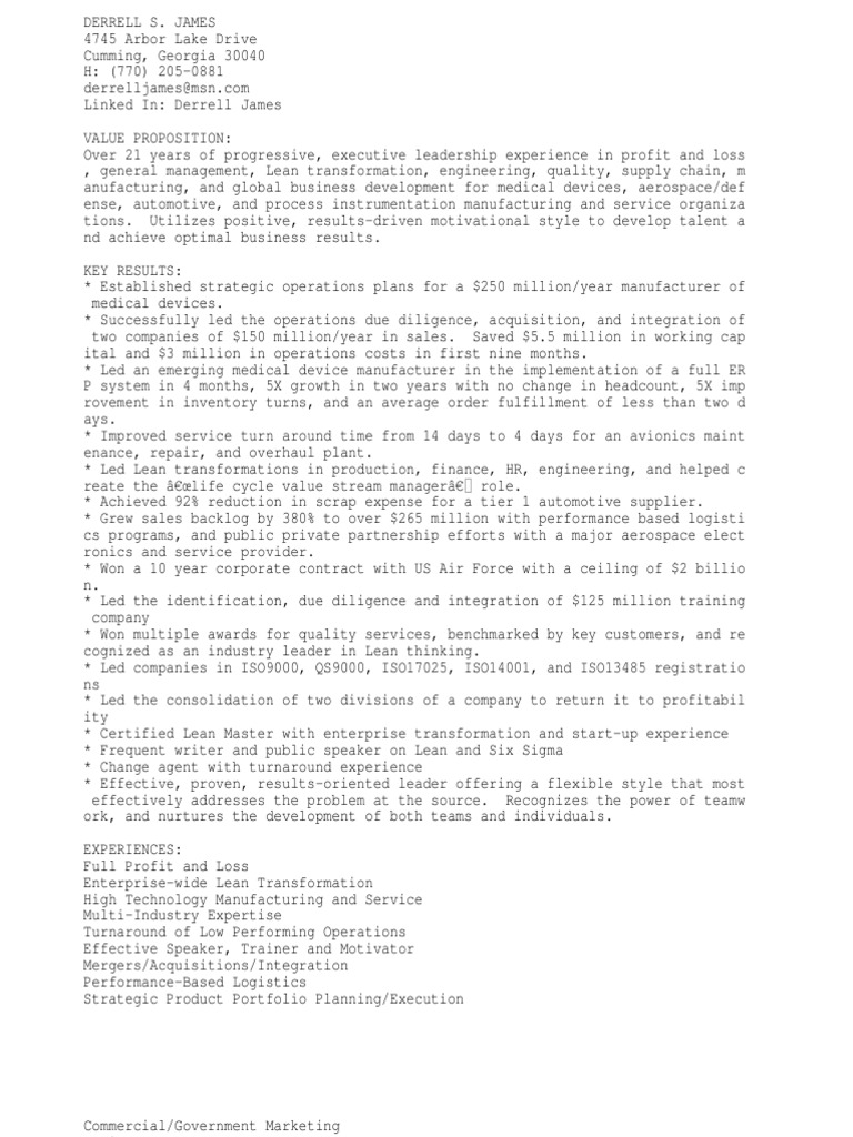 Derrell James CV | PDF | Lean Manufacturing | Supply Chain
