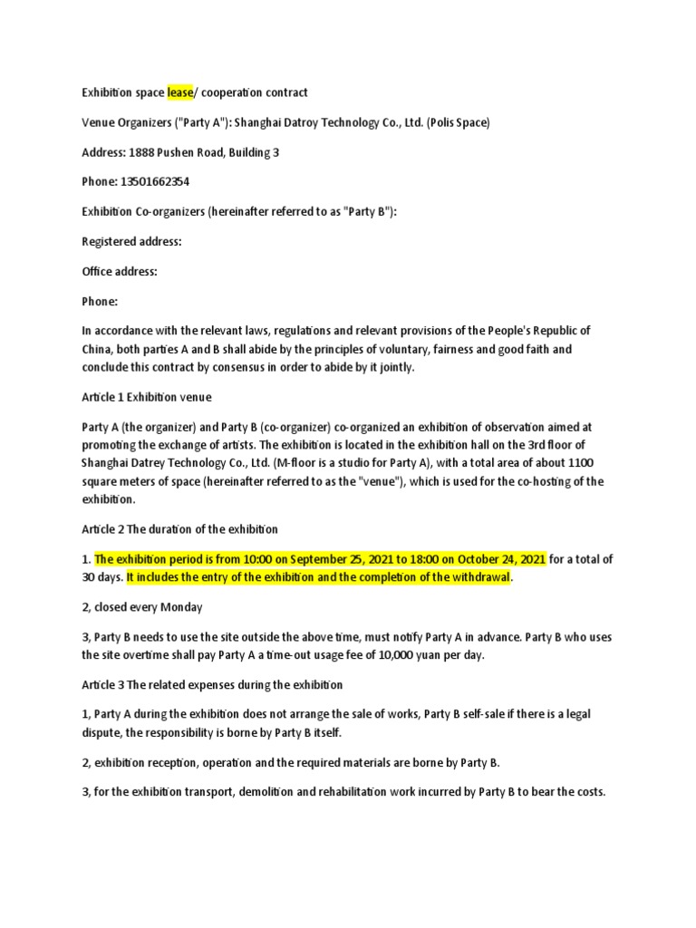 Exhibition Space Lease Contract | PDF | Legal Liability | Curator