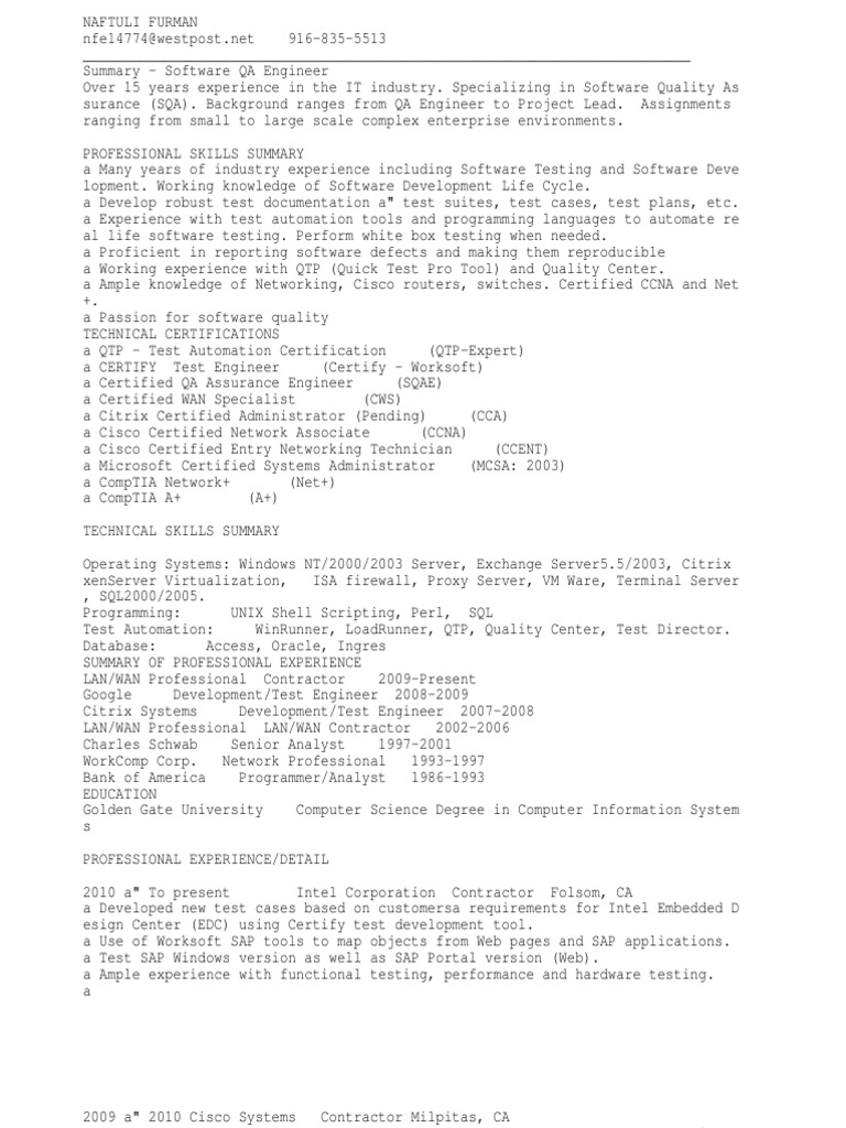 Experienced Software QA Engineer Resume | PDF | Software Testing ...