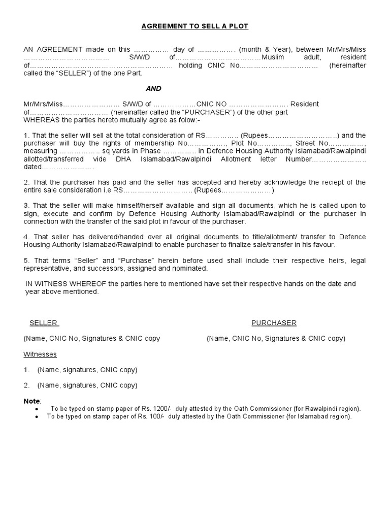 Plot Sale Agreement Template | PDF