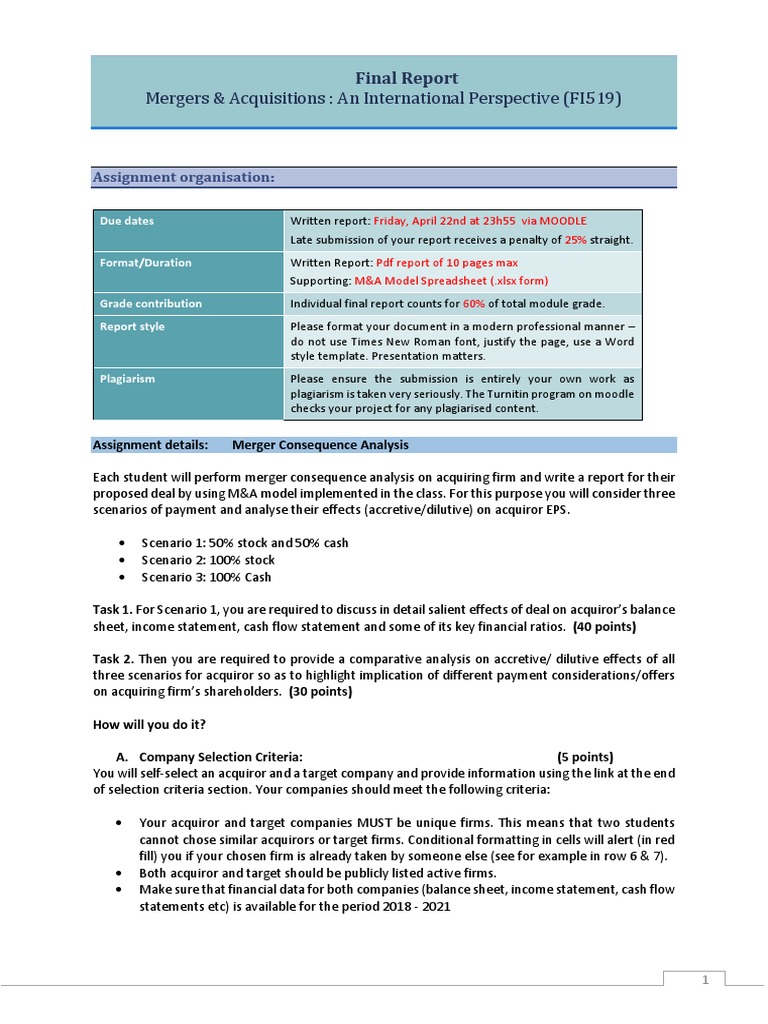 M&A Report Guidelines and Analysis Tasks | PDF | Mergers And ...