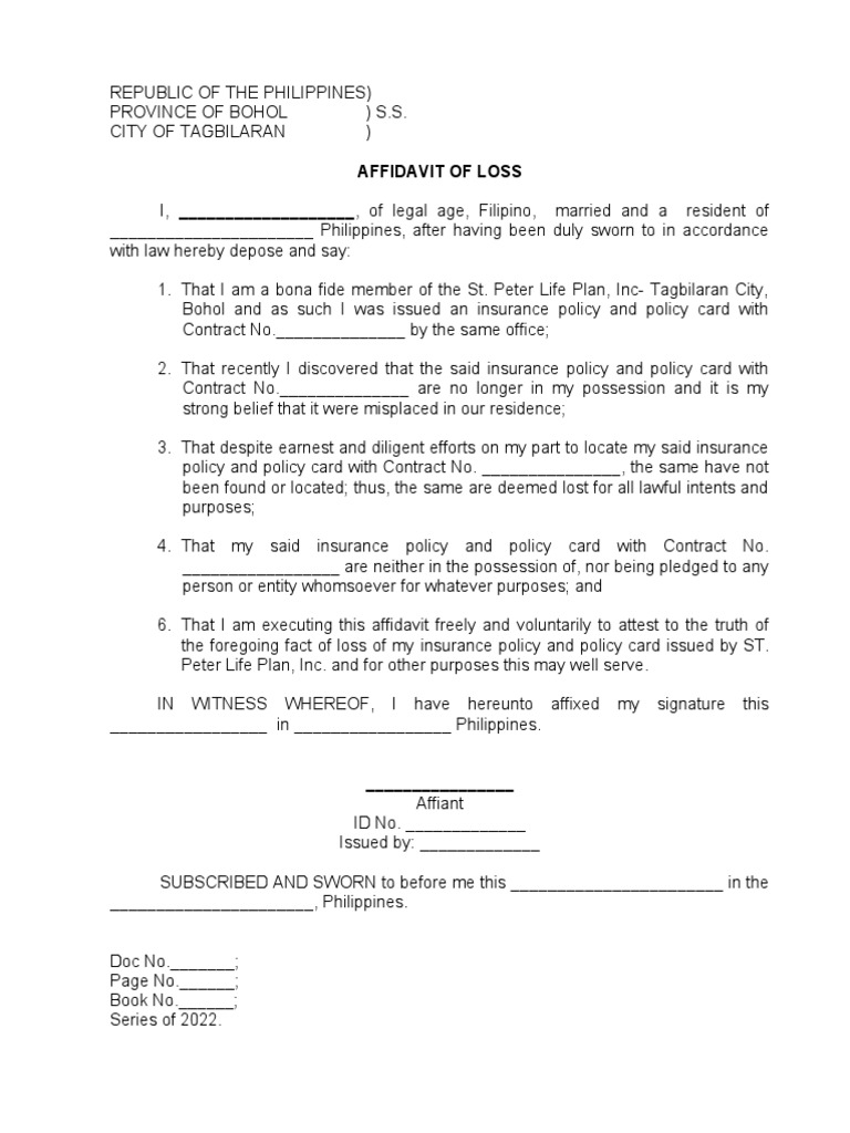 Affidavit of Loss for Insurance Policy | PDF