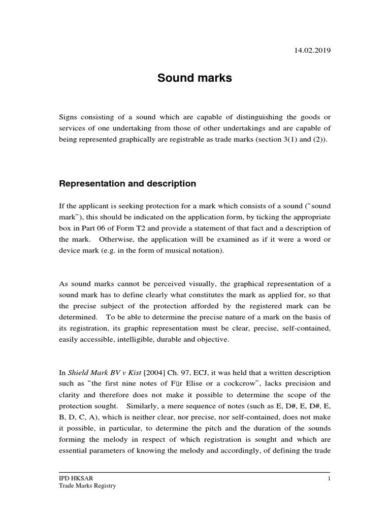 Picture of Sound Marks: Representation and Description | PDF | Trademark