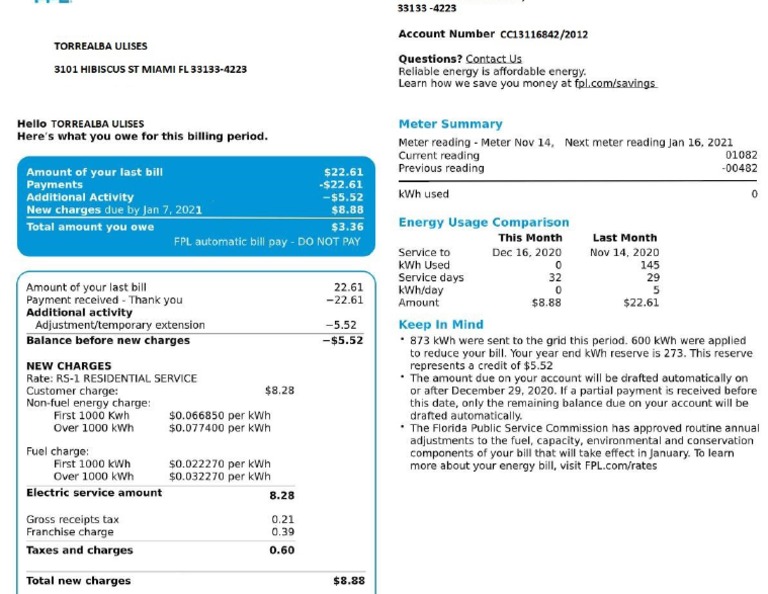 FPL Utility Bill PDF