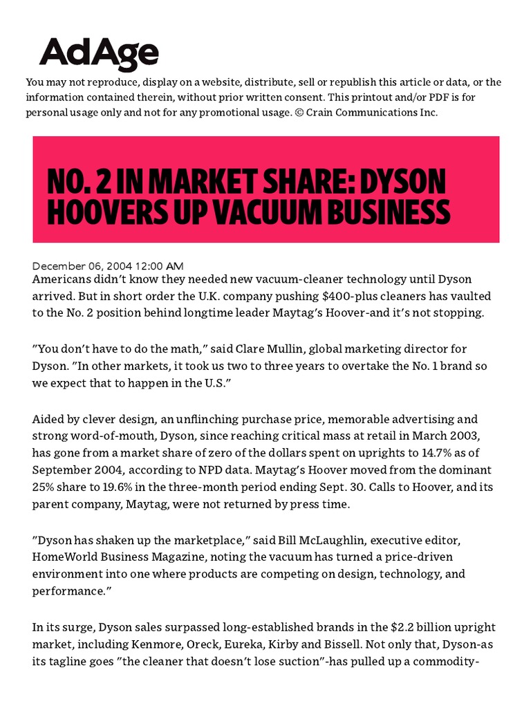 No. 2 in Market Share Dyson Hoovers Up Vacuum Business PDF Vacuum Cleaner