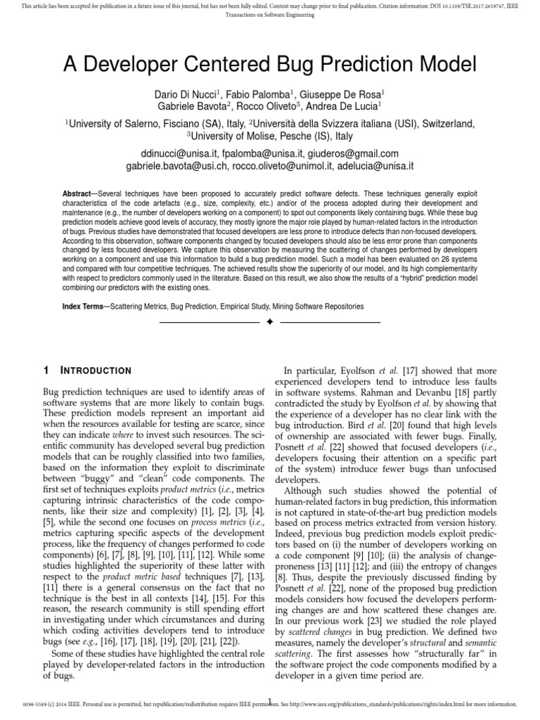 A Developer Centered Bug Prediction Model | PDF | Software Bug | Prediction