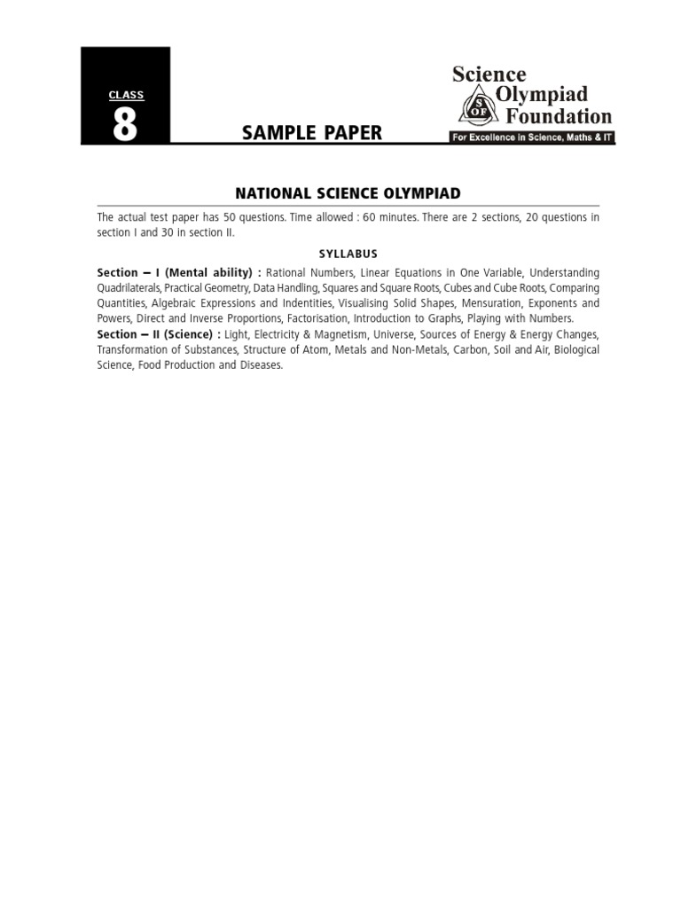 Sample Paper: National Science Olympiad | PDF | Chemistry | Physical ...