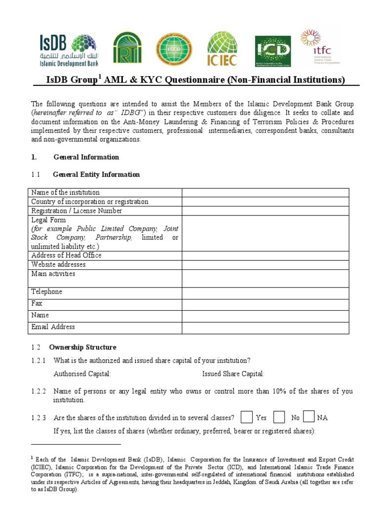 Isdb Group Aml & Kyc Questionnaire (Non-Financial Institutions) | PDF ...