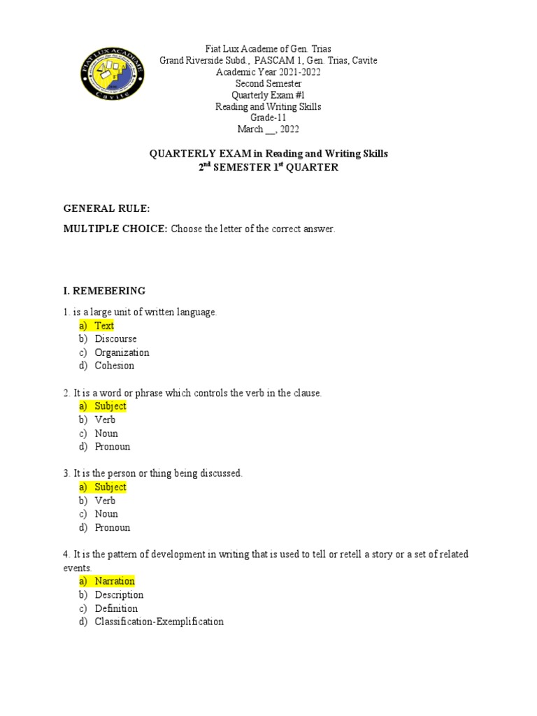 Quarterly Exam in Reading and Writing Skills 2S 1Q PDF