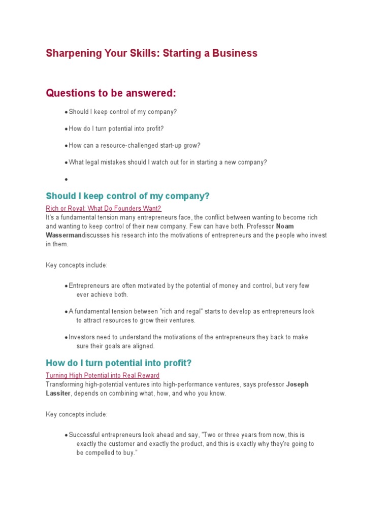 Questions To Be Answered Sharpening Your Skills Starting A Business