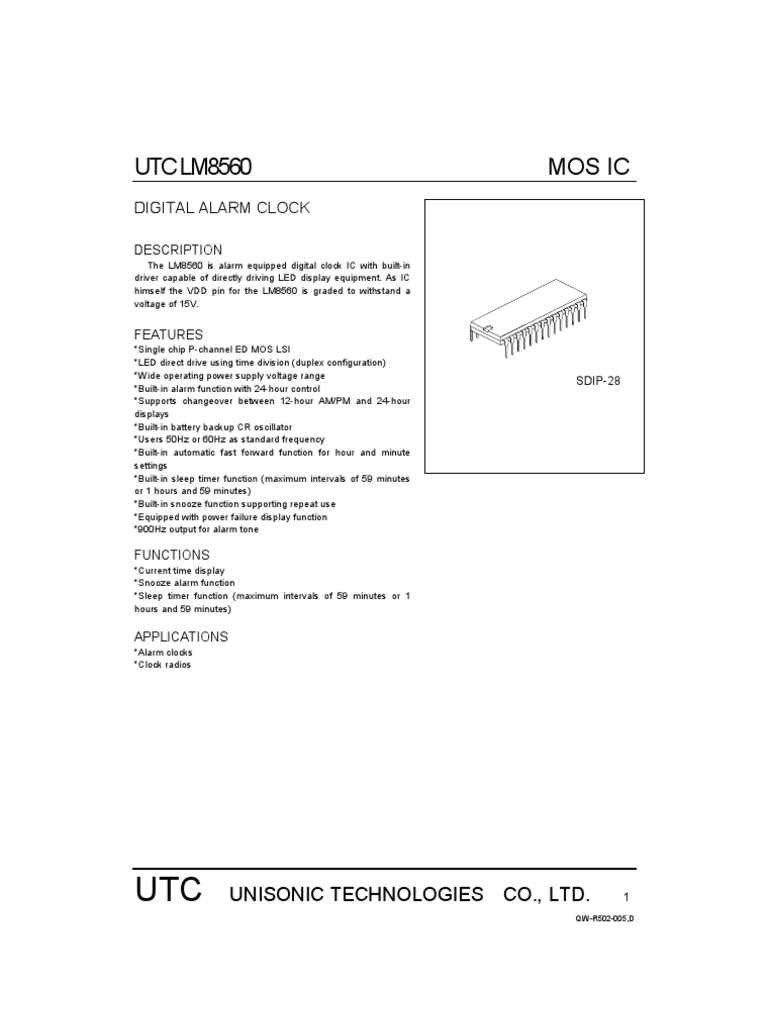 UTC LM8560 Mos Ic: Digital Alarm Clock | PDF | Power Supply | Clock