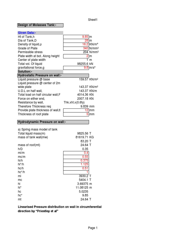 Circular Steel Tank Design Calculation PDF Pressure Physical Sciences