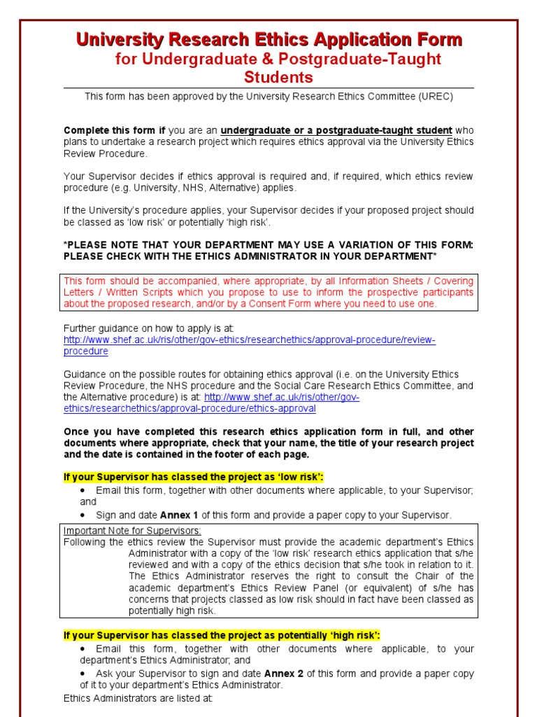 University Research Ethics Application Form | PDF | Informed Consent ...