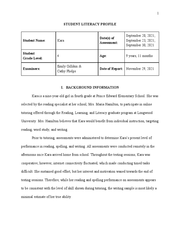 Kara's 4th Grade Literacy Assessment | PDF | Reading Comprehension ...