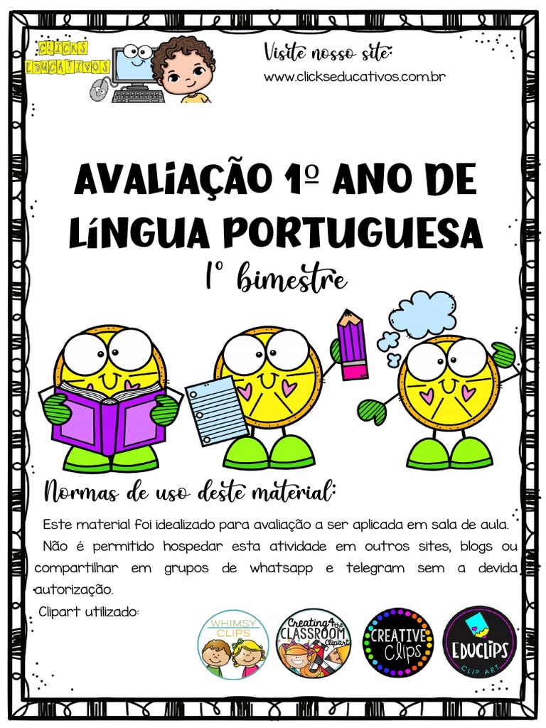 Avaliação 1º Ano de Língua Portuguesa Clickseducativos 1º Bimestre | PDF