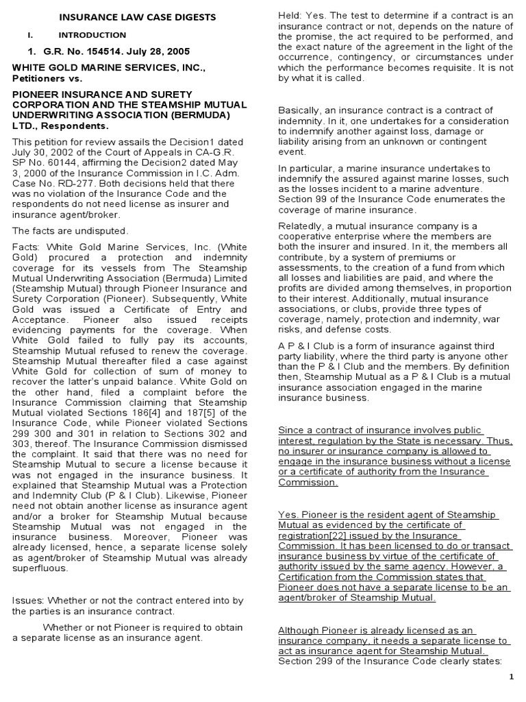 Insurance Law Case Summaries | PDF | Insurance | Indemnity