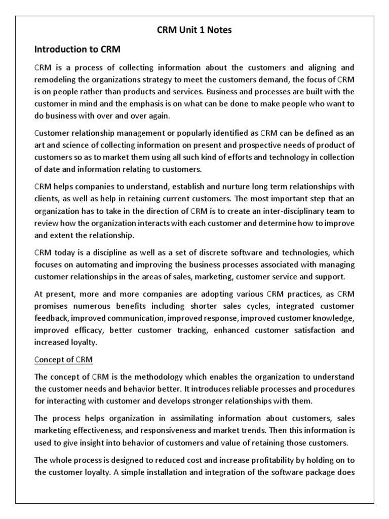 CRM Unit 1 Notes Introduction To CRM | PDF | Customer Relationship ...