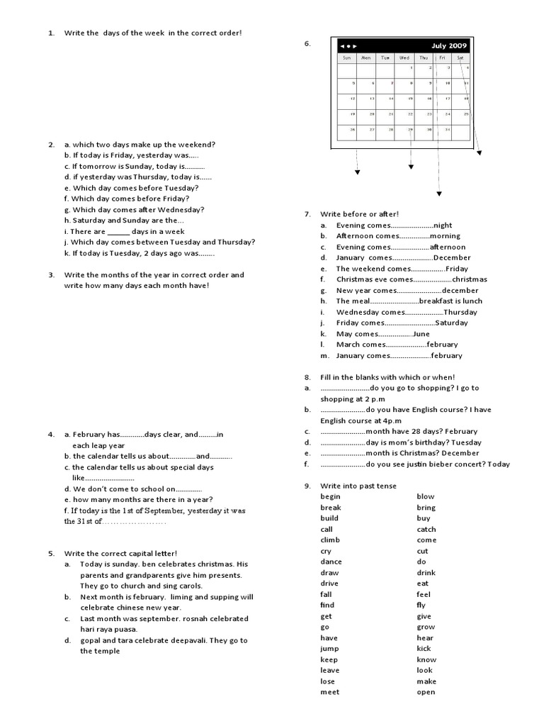 Write the Days of the Week in the Correct Order
