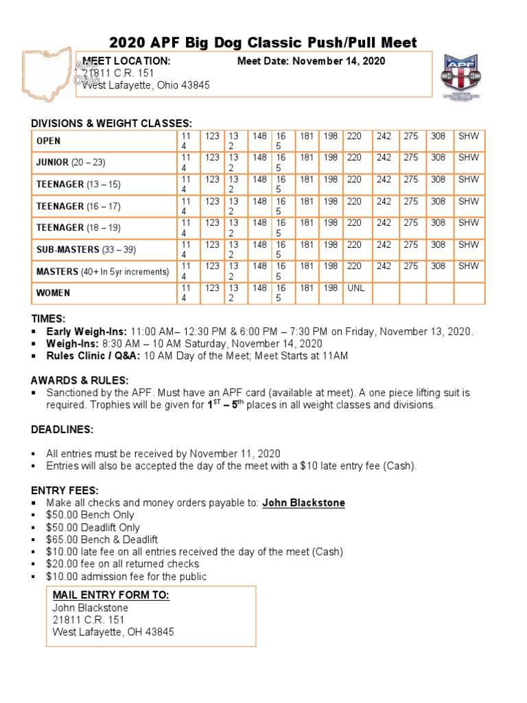2020 APF Big Dog Classic Push/Pull Meet Event Details and Registration