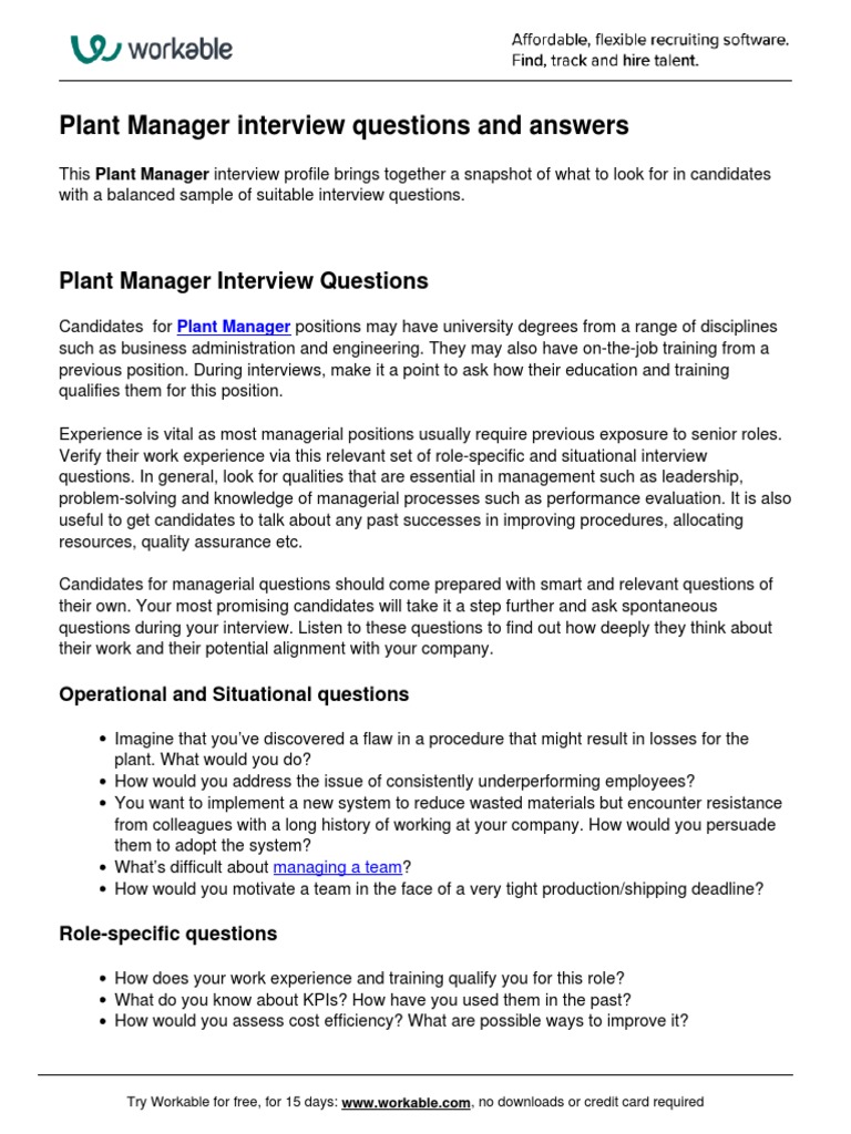Plant Manager Interview Questions PDF Leadership Interview