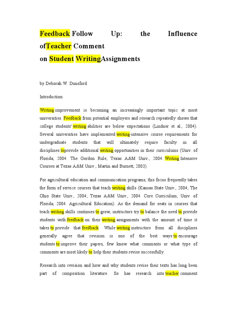 Feedback Follow Up: The Influence Ofteacher Comment On Student ...