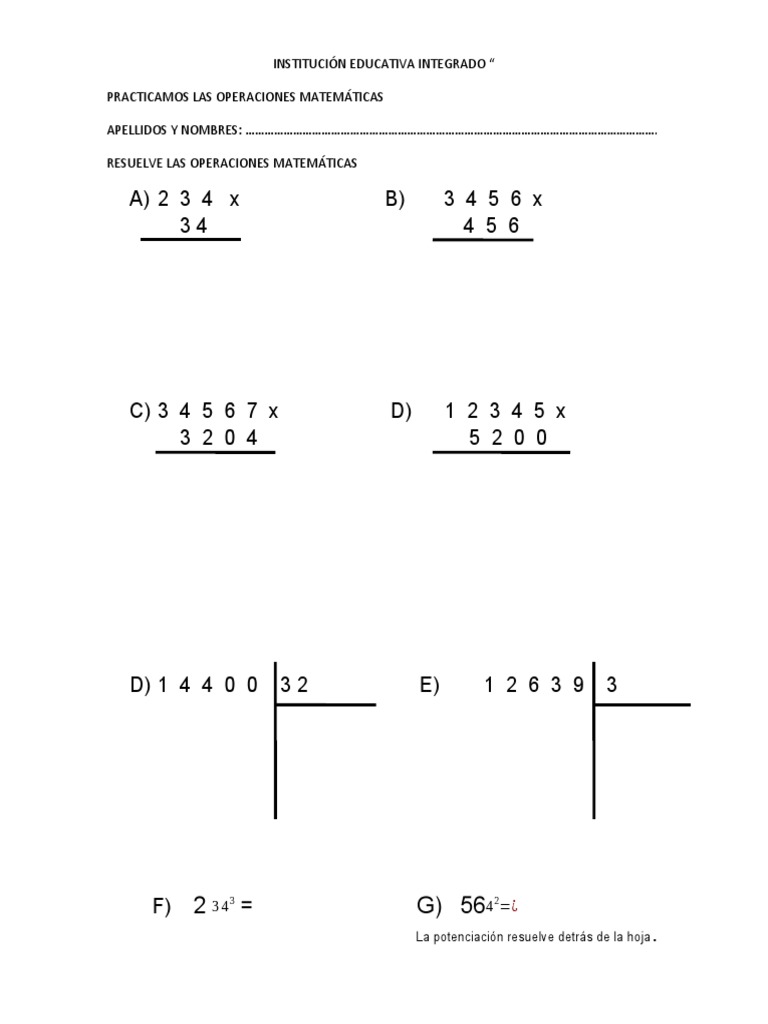 Ejercicios de Operaciones Matemáticas | PDF | Métodos y materiales de ...
