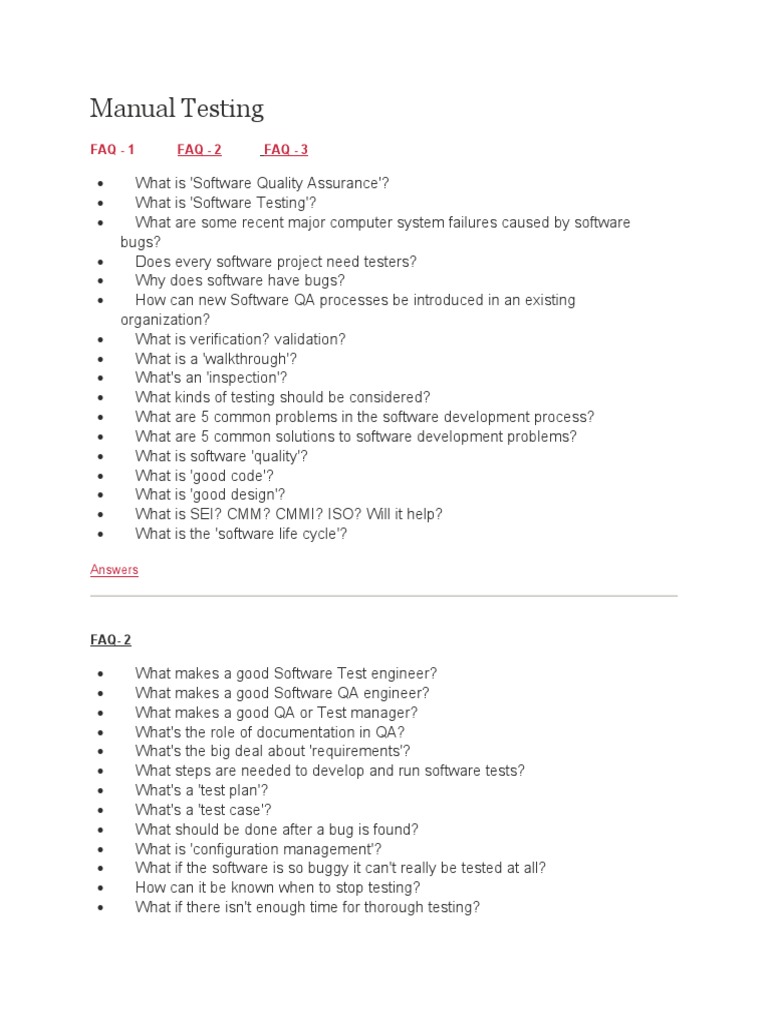 Manual Testing: Faq - 1 Faq - 2 Faq - 3 | PDF | Software Testing ...