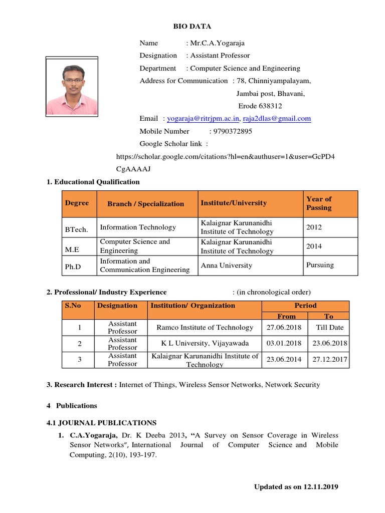 Sample Biodata PDF Computer Network Wireless Sensor Network