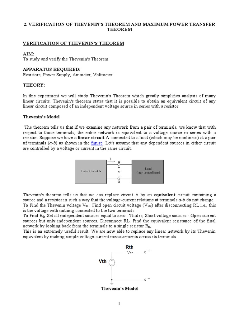 Thevenin's Theorem and Power Transfer Verification | PDF | Electrical ...