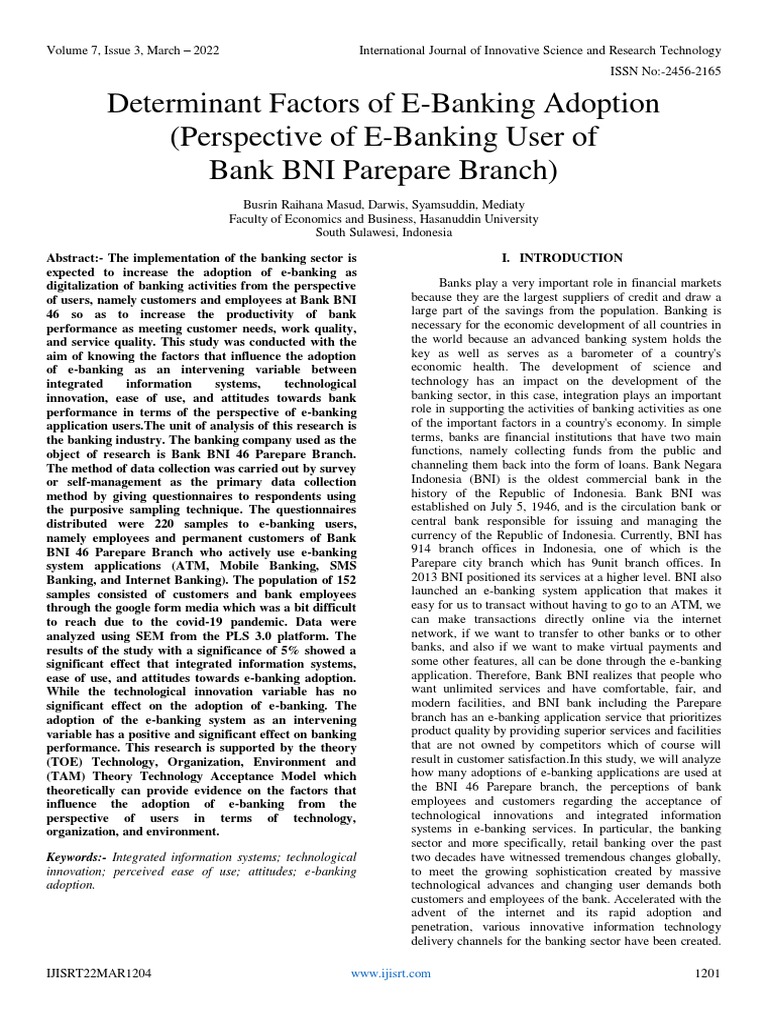 Determinant Factors Of E Banking Adoption Perspective Of E Banking