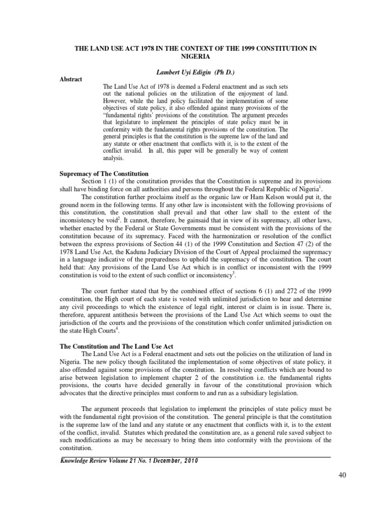 The Land Use Act 1978 in The Context of The 1999 Constitution in