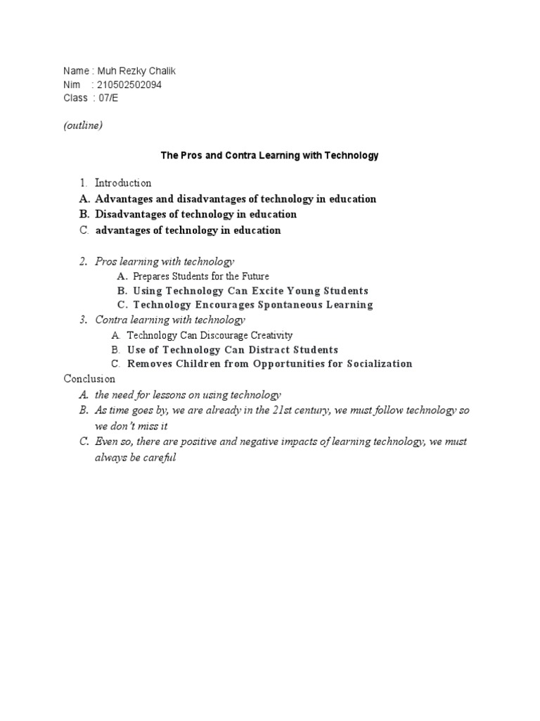 A. Advantages and Disadvantages of Technology in Education B ...
