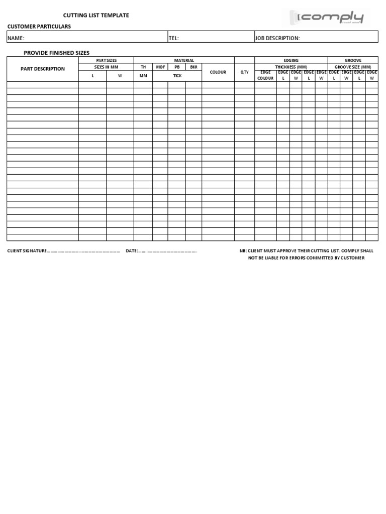 Comply Board Cutting List PDF
