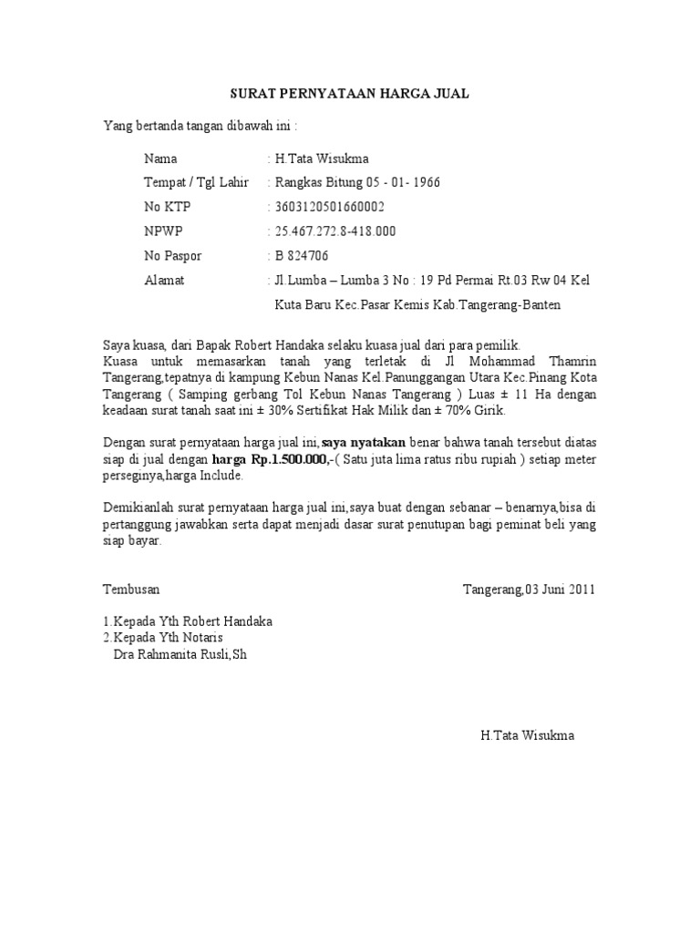Contoh Surat Option Jual Tanah