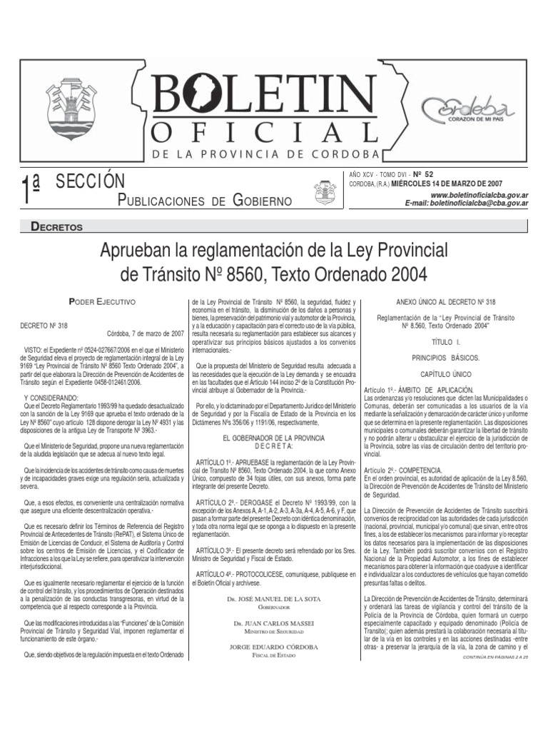 Reglamentación Ley 8560 Tránsito Córdoba | PDF | Seguridad vial ...