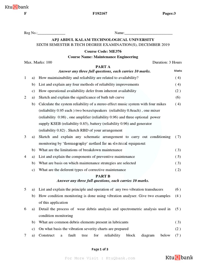 Dec 2019 ME376 - Maintenance Engineering (S) - Ktu Qbank | PDF ...