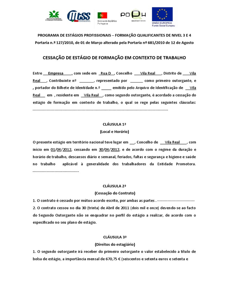 Minuta Contrato Estágio Profissional Cessação