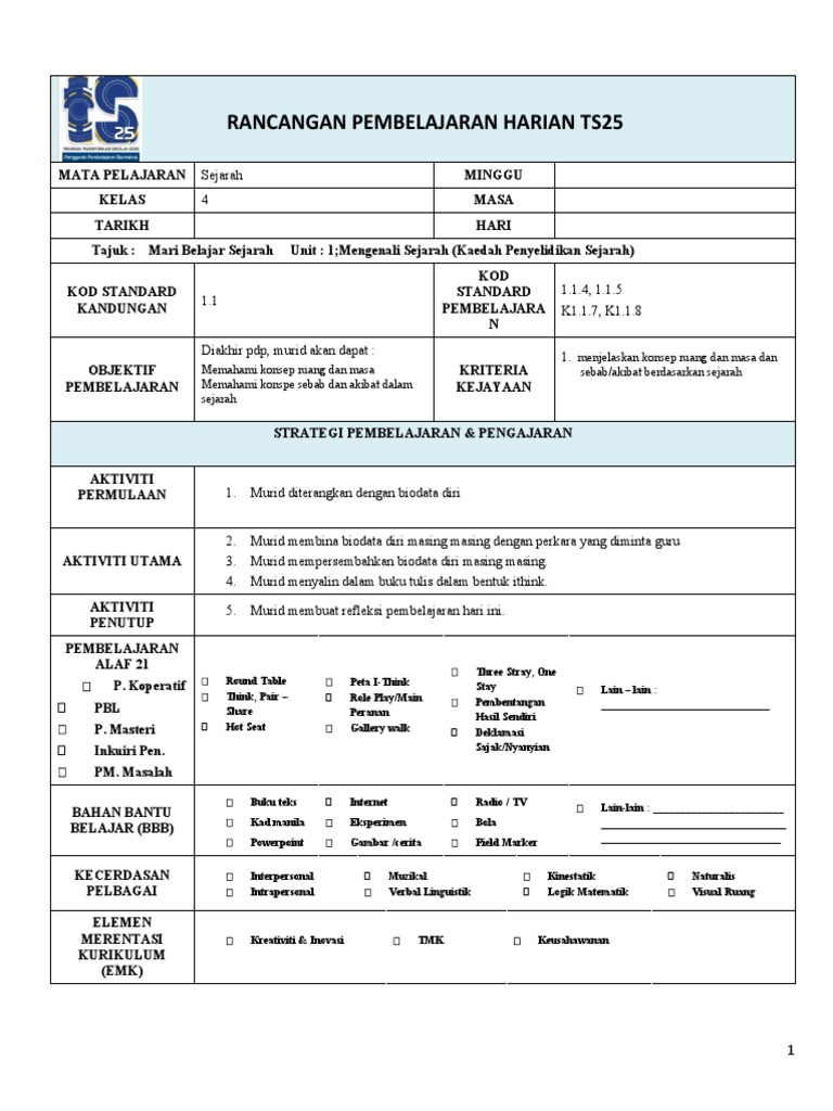 RPH Sejarah Tahun 4 KSSR Semakan Unit 2 Biodata Diri | PDF