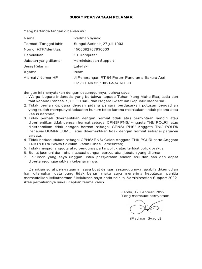 Contoh Surat Pernyataan Diri PDF
