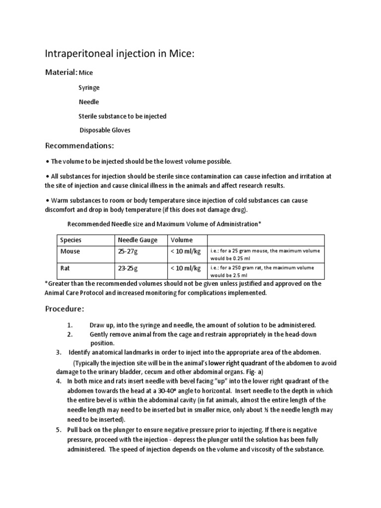 Intraperitoneal Injection Guidelines for Mice | PDF | Injection ...