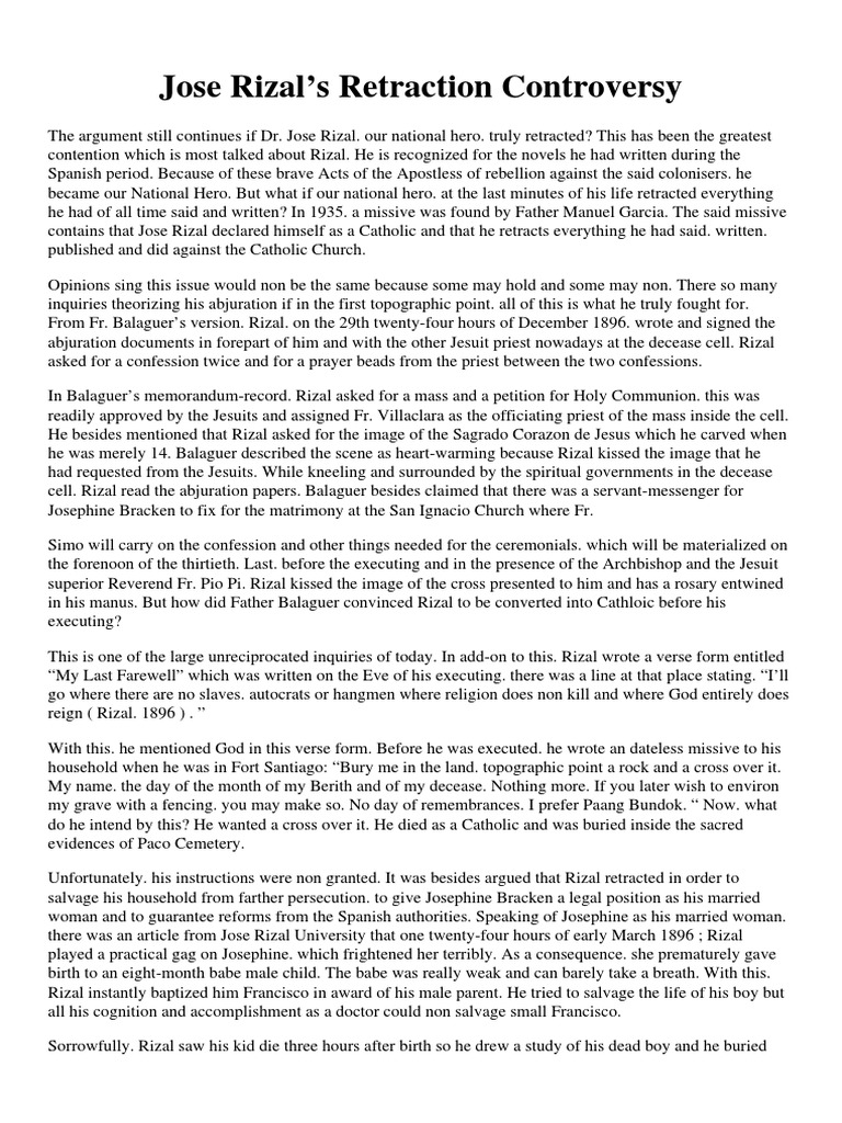 Jose Rizal's Retraction Controversy During Their Era PDF