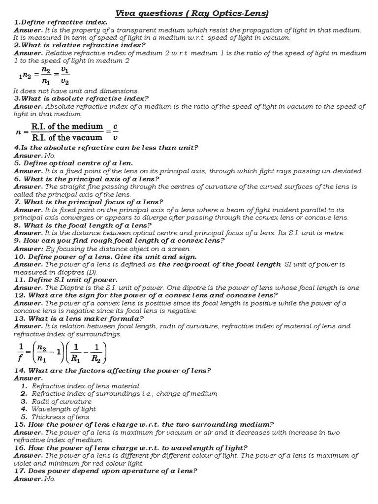 Ray Optics Viva Questions PDF Refractive Index Metrology