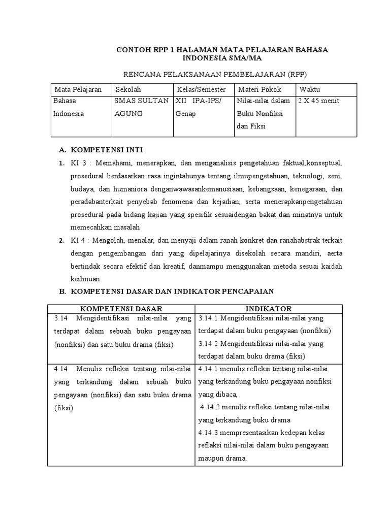 Contoh RPP Kelas 12 Semester Genap Mata Pelajaran Bahasa Indonesia Sma ...