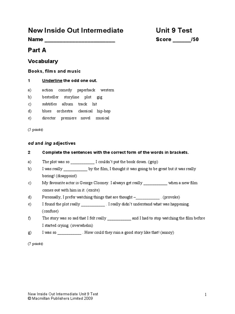 New Inside Out Intermediate Unit 9 Test: Part A | PDF | Linguistics