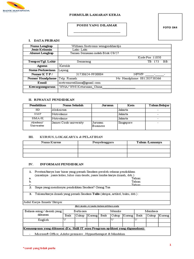 Formulir Lamaran Kerja - Bmi Mayapada | PDF