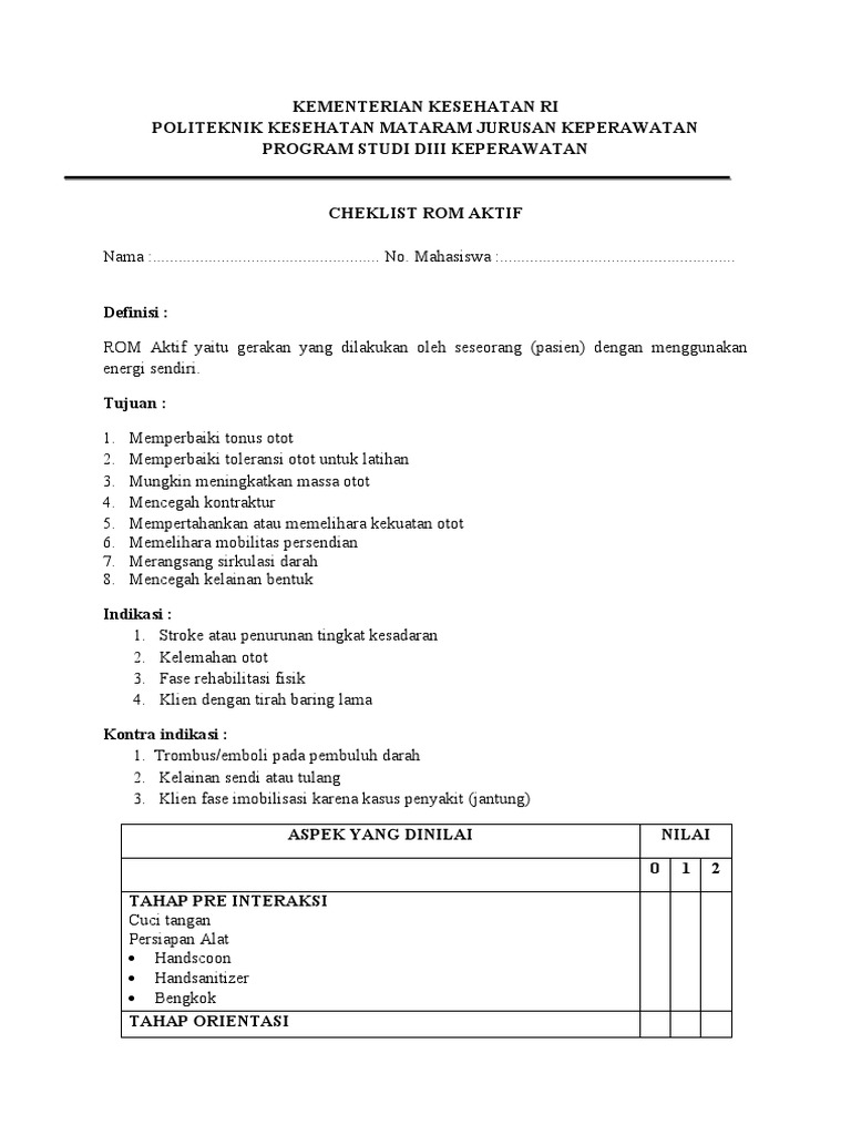 Checklist Gerakan ROM Aktif Pasien | PDF
