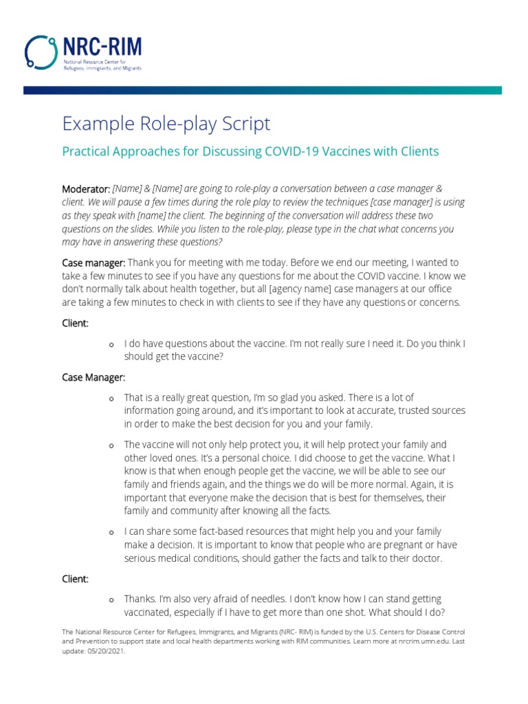 COVID-19 Vaccine Role-Play Script | PDF | Centers For Disease Control ...