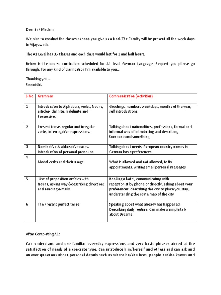 A1 German Course Curriculum | PDF | Verb | Grammatical Tense