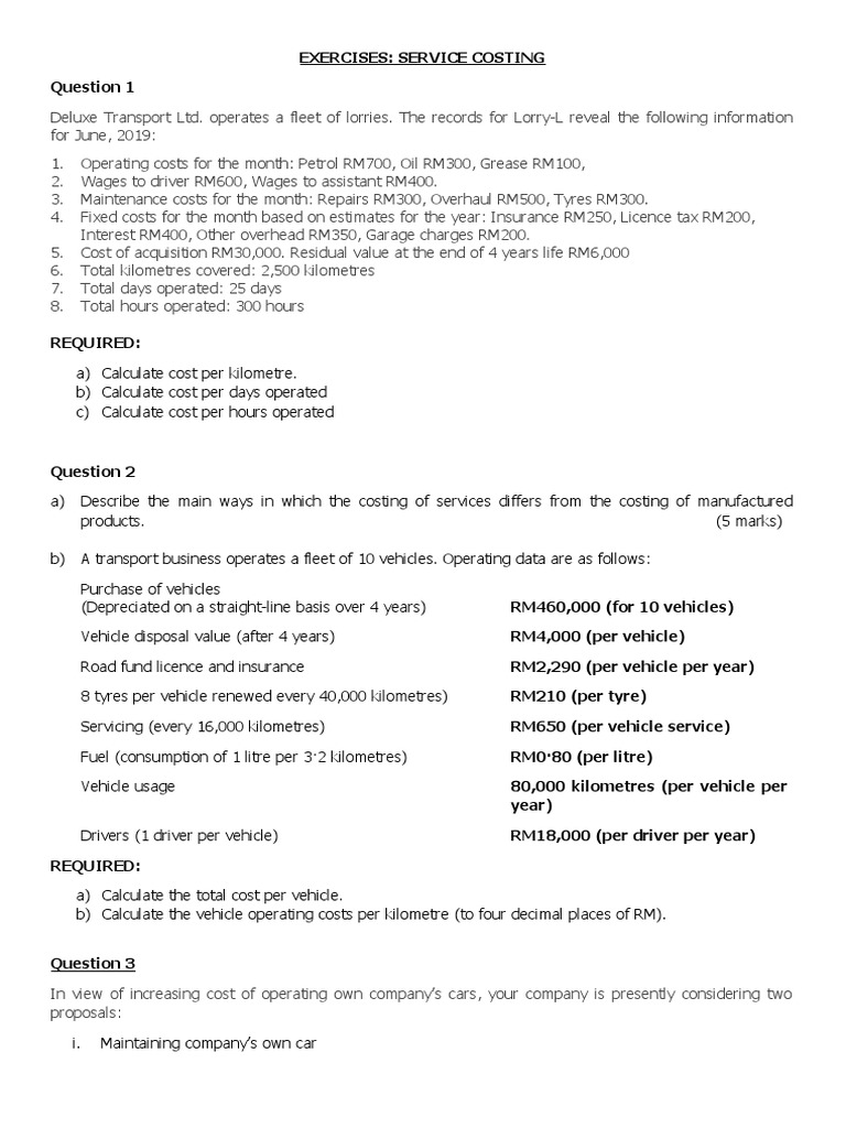 Exercises Service Costing | PDF | Car | Depreciation